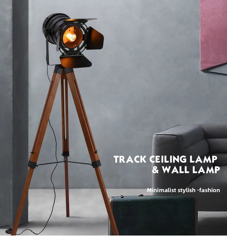 American Floor Lamp Retro Industrial Style Solid Wood LED Creative Simplicity Parlor Bedroom Bedside Decoration Standard Light