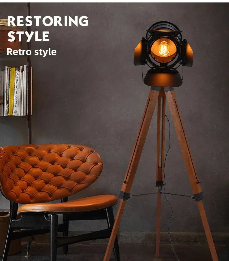 American Floor Lamp Retro Industrial Style Solid Wood LED Creative Simplicity Parlor Bedroom Bedside Decoration Standard Light