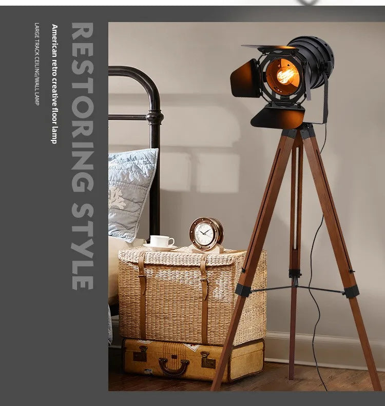 American Floor Lamp Retro Industrial Style Solid Wood LED Creative Simplicity Parlor Bedroom Bedside Decoration Standard Light